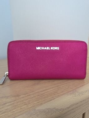 Michael Kors Hot Pink Full Zip Leather Wallet with Silver Hardware